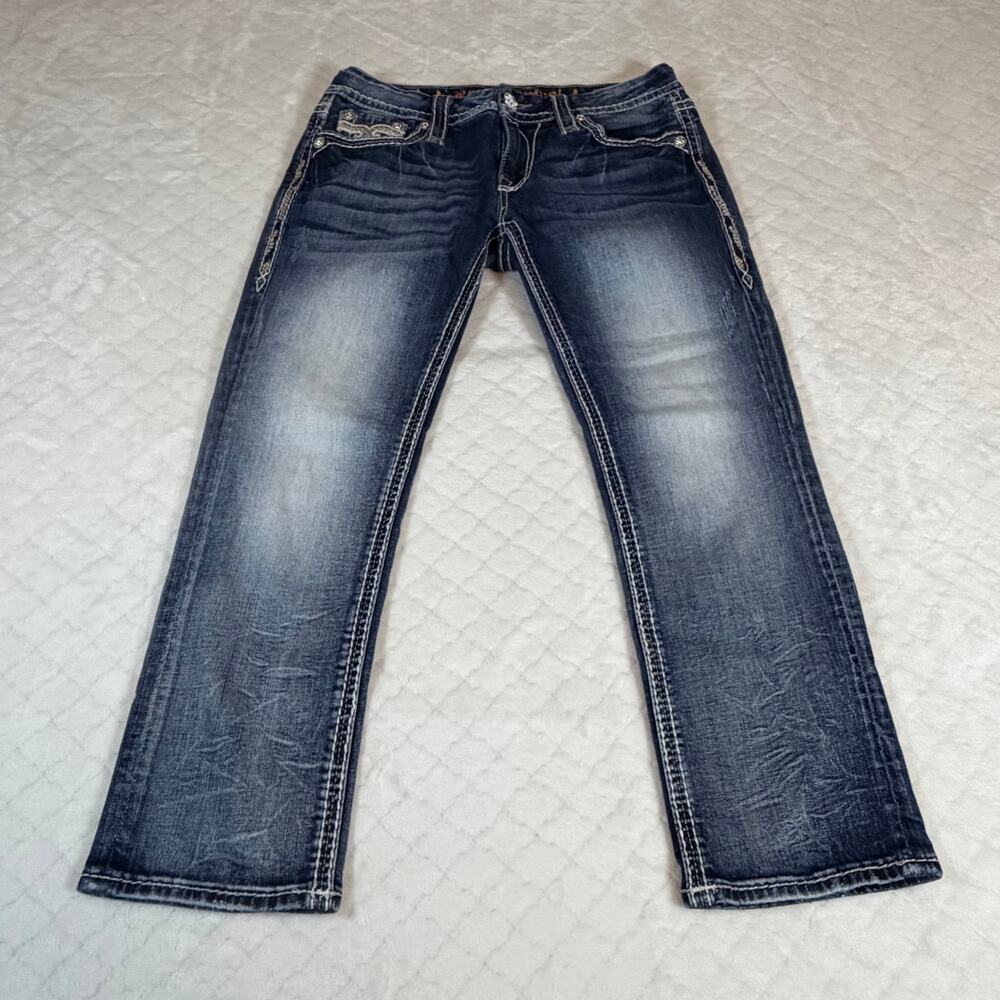 Rock Revival womens Betty Capri jeans inverted fleurdelis motif pocket EUC sz 29